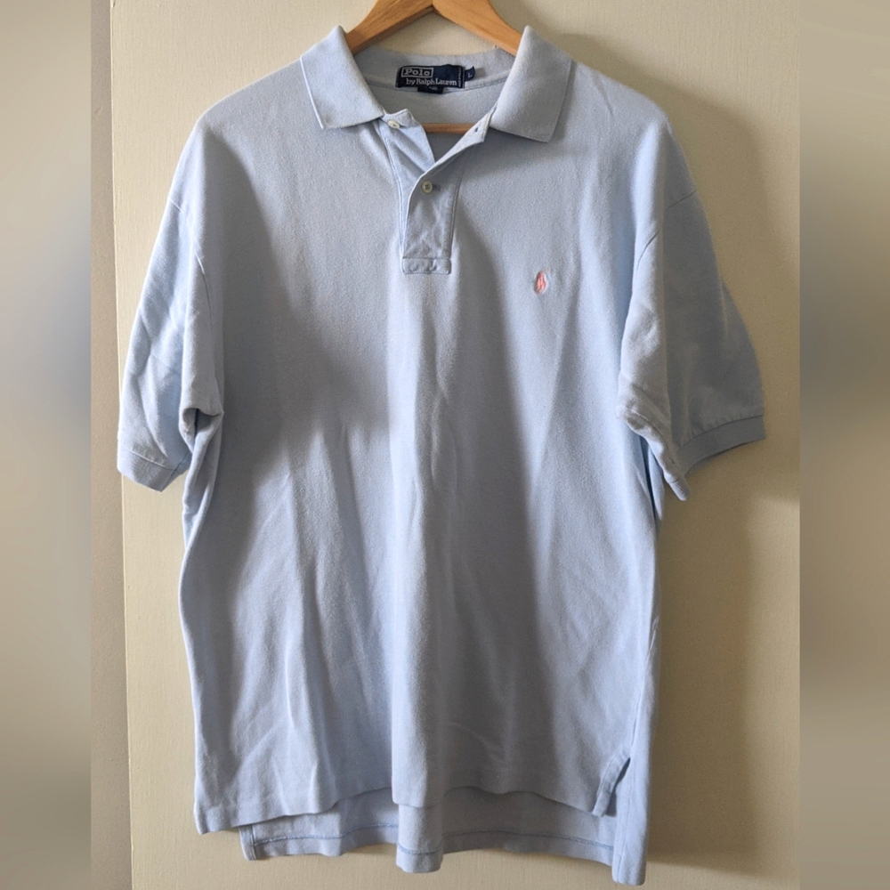 Ralph Lauren Polo Shirt Mens Large Light Blue Cotton Short Sleeve Casual